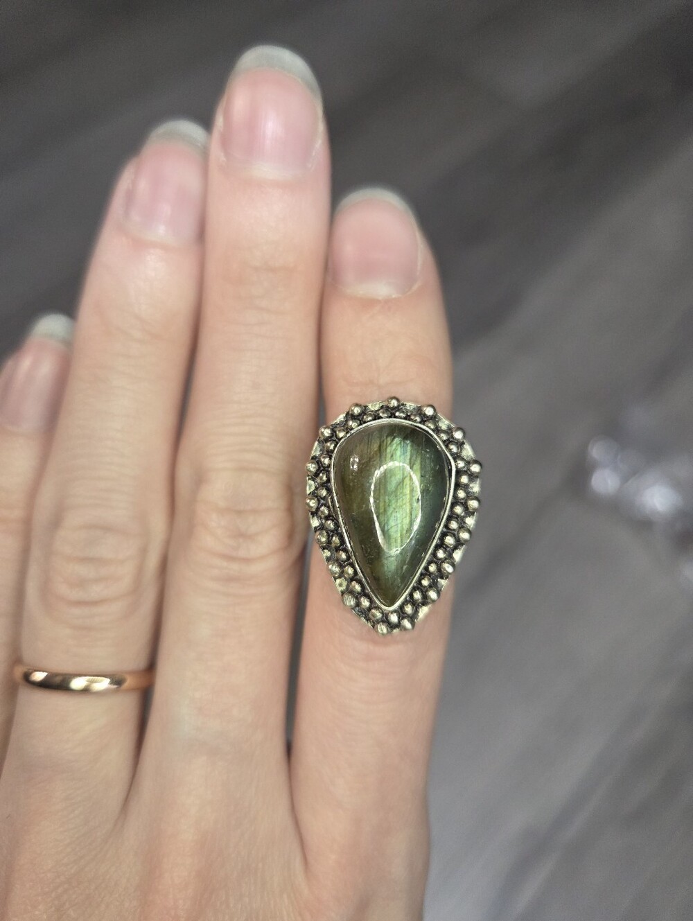 Sterling Silver 925 Labradorite Stamped Ring Size 5.25 Boho Teardrop Statement